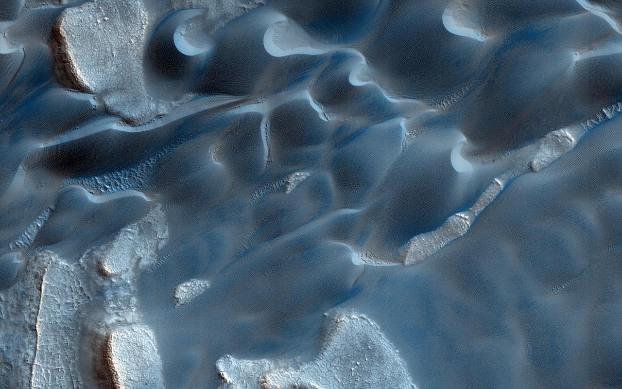 The deep chasm that formed on the polar cap edge is identified as an area of strong down-slope winds and has a clear connection to Mars largest dune field, Olympia Undae as observed by NASA Mars Reconnaissance Orbiter.