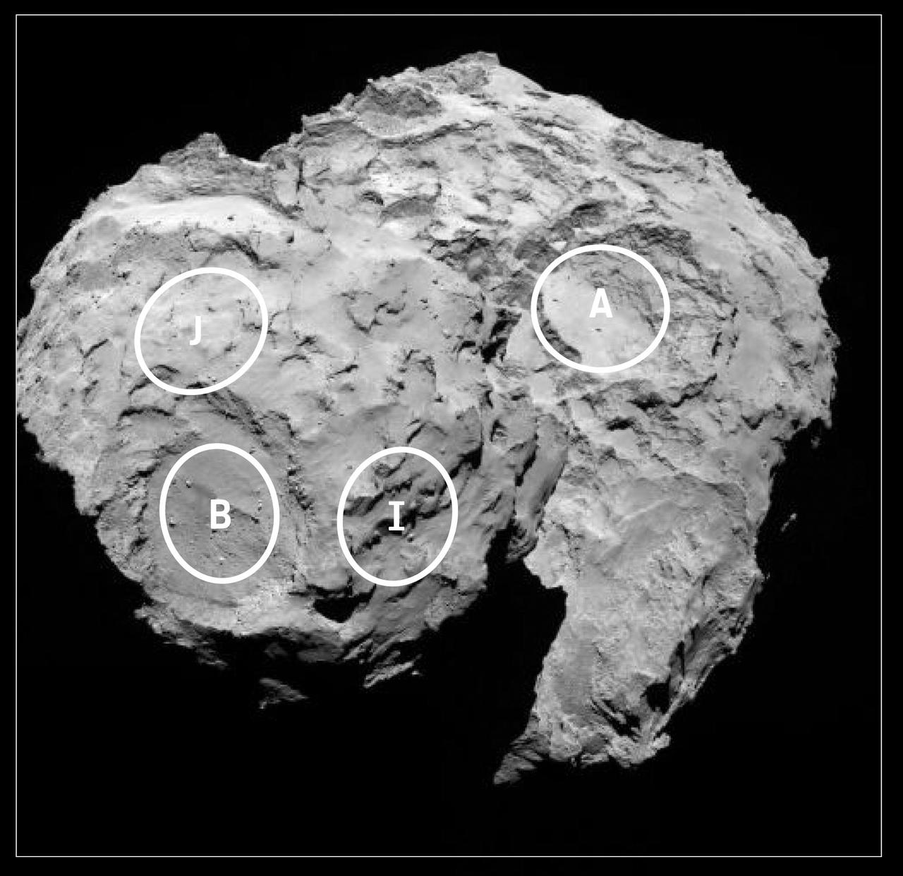 This annotated image depicts four of the five potential landing sites for ESA Rosetta mission Philae lander.