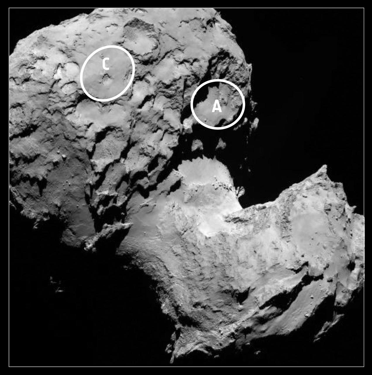 This annotated image depicts the two potential landing sites for ESA Rosetta Philae lander that are on the comet larger lobe.