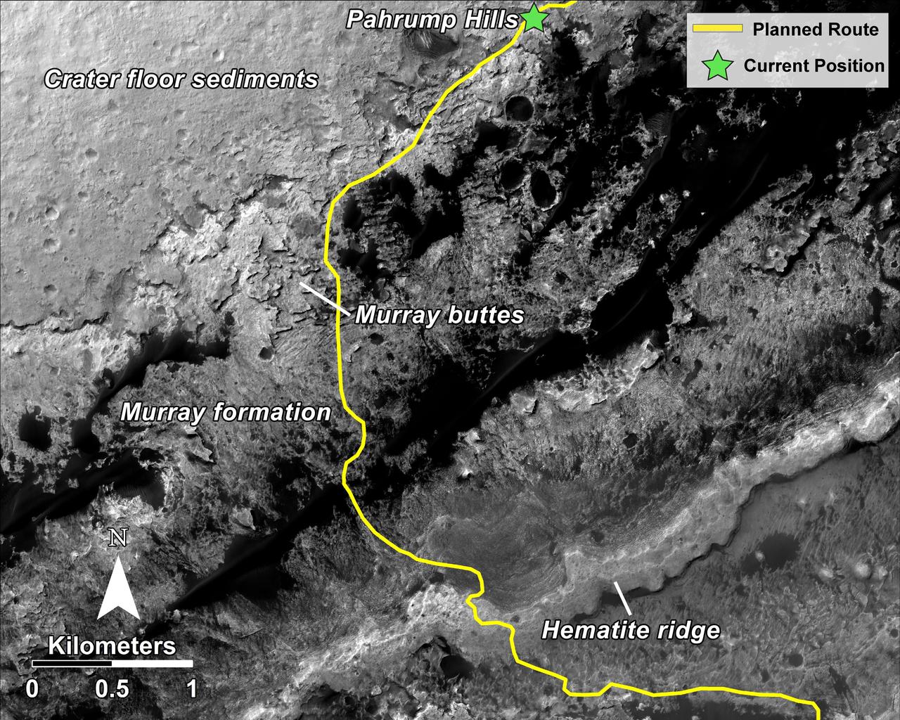 This mosaic, taken by NASA Mars Reconnaissance Orbiter, shows the planned route in yellow of NASA Curiosity rover from Pahrump Hills at the base of Mount Sharp, through the Murray Formation.