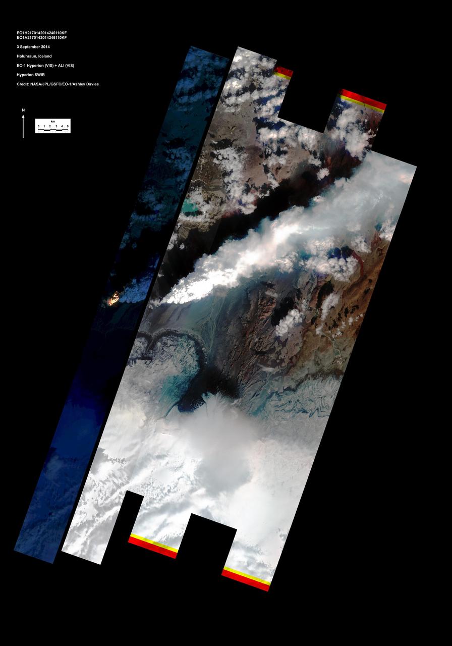 This image shows Iceland volcanic eruption monitored by NASA EO-1 spacecraft. To the south is the edge of Dyngjuj&ouml;kull and to the north is the volcano called Askja.