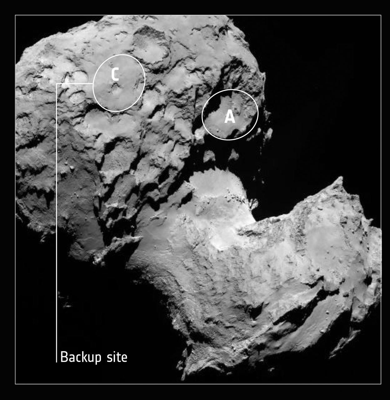 This annotated image depicts the backup landing site Site C chosen for ESA Rosetta spacecraft Philae lander.