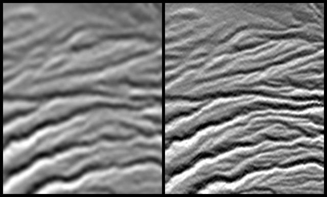 A site in the Crater Highlands of Tanzania reveals the difference between NASA Shuttle Radar Topography Mission SRTM digital elevation model data as originally released in 2004 left and as now released at full resolution in 2014 right.