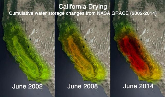 This trio of images depicts satellite observations of declining water storage in California as seen by NASA Gravity Recovery and Climate Experiment satellites in June 2002 left, June 2008 center and June 2014 right.