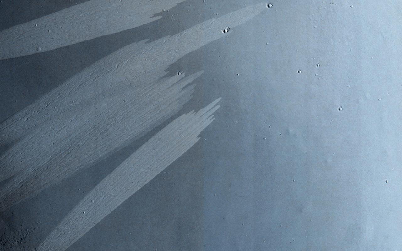 This observation from NASA Mars Reconnaissance Orbiter shows bright and dark slope streaks in craters in the Arabia Terra region.