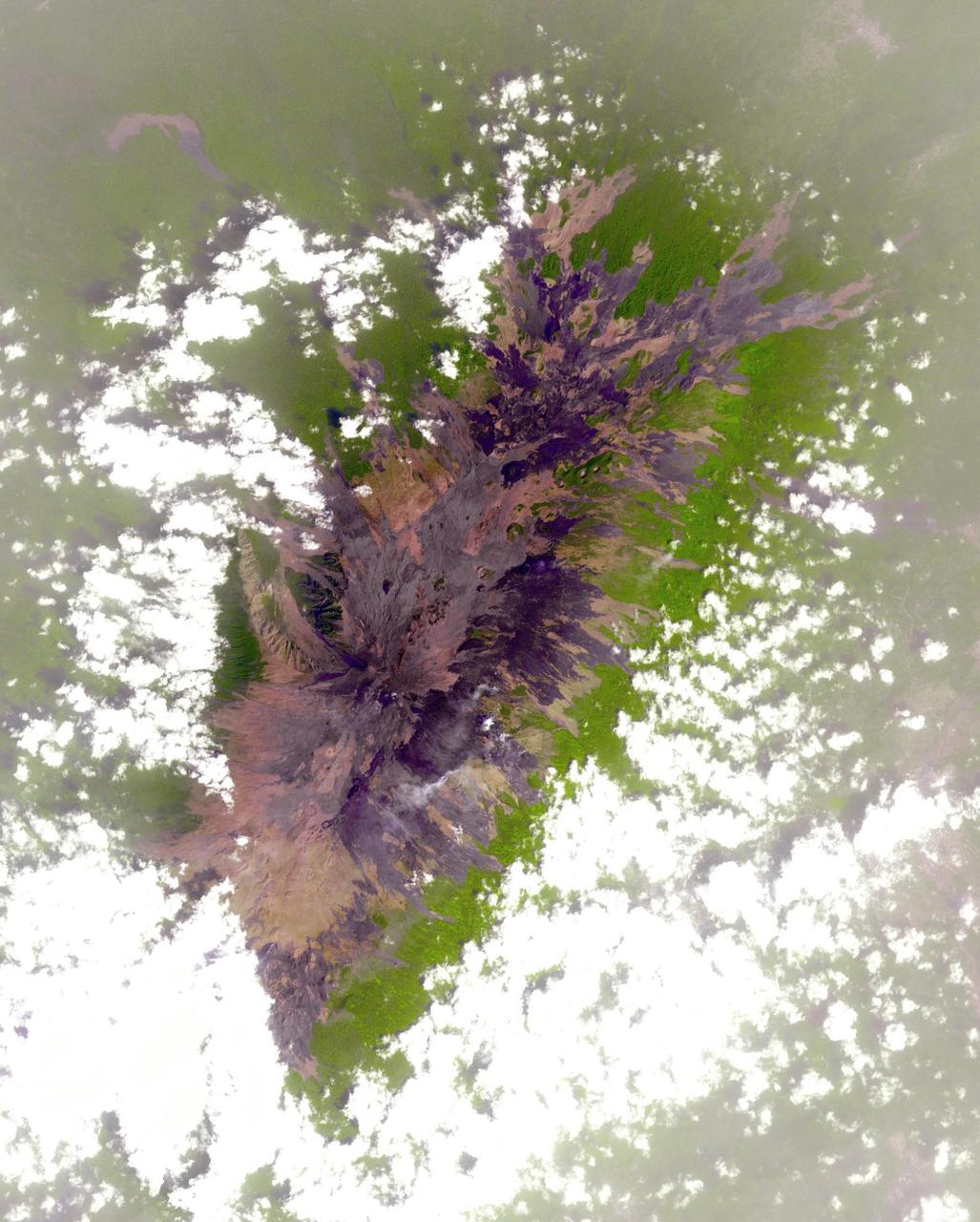 NASA Terra spacecraft shows Mount Cameroon, an active volcano in Cameroon near the Gulf of Guinea. It is one of Africa largest volcanoes, rising over 4,000 meters, with more than 100 small cinder cones.