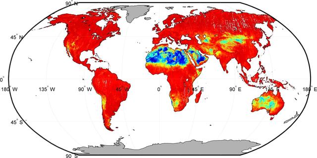 Our planet emits energy as thermal infrared radiation at wavelengths we cannot normally see but can feel -- for example, if we stand close to a hot surface. This map is from NASA ASTER GED.