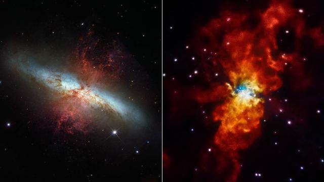 The comparison from NASA Hubble telescope and Chandra X-ray Observatory highlights how different the universe can look when viewed in other wavelengths of light. M82 is located 12 million light-years away in the Ursa Major constellation.