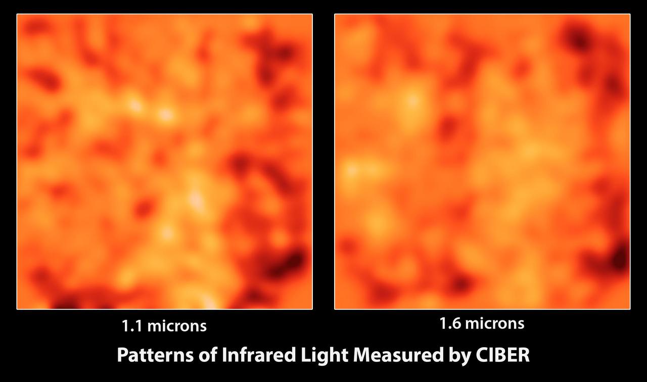 These images from the Cosmic Infrared Background Experiment, or CIBER, show large patches of the sky at two different infrared wavelengths 1.1 microns and 1.6 microns after all known galaxies have been subtracted out and the images smoothed.