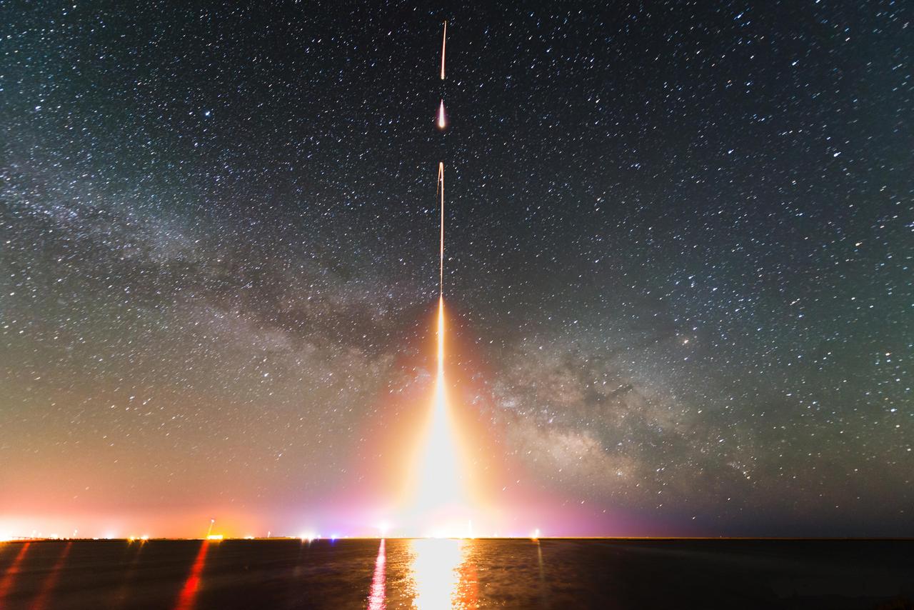 A time-lapse photograph of the CIBER rocket launch, taken from NASA Wallops Flight Facility in Virginia in 2013. This was the last of four launches of the Cosmic Infrared Background Experiment CIBER.