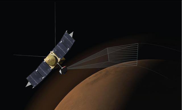 This artist concept depicts the Imaging Ultraviolet Spectrograph IUVS on NASA MAVEN spacecraft scanning the upper atmosphere of Mars. IUVS uses limb scans to map the chemical makeup and vertical structure across Mars upper atmosphere.