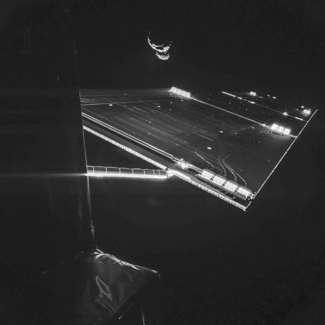 The Philae lander of the European Space Agency Rosetta mission took this self-portrait of the spacecraft on Sept. 7, 2014, at a distance of about 30 miles 50 kilometers from comet 67P/Churyumov-Gerasimenko.