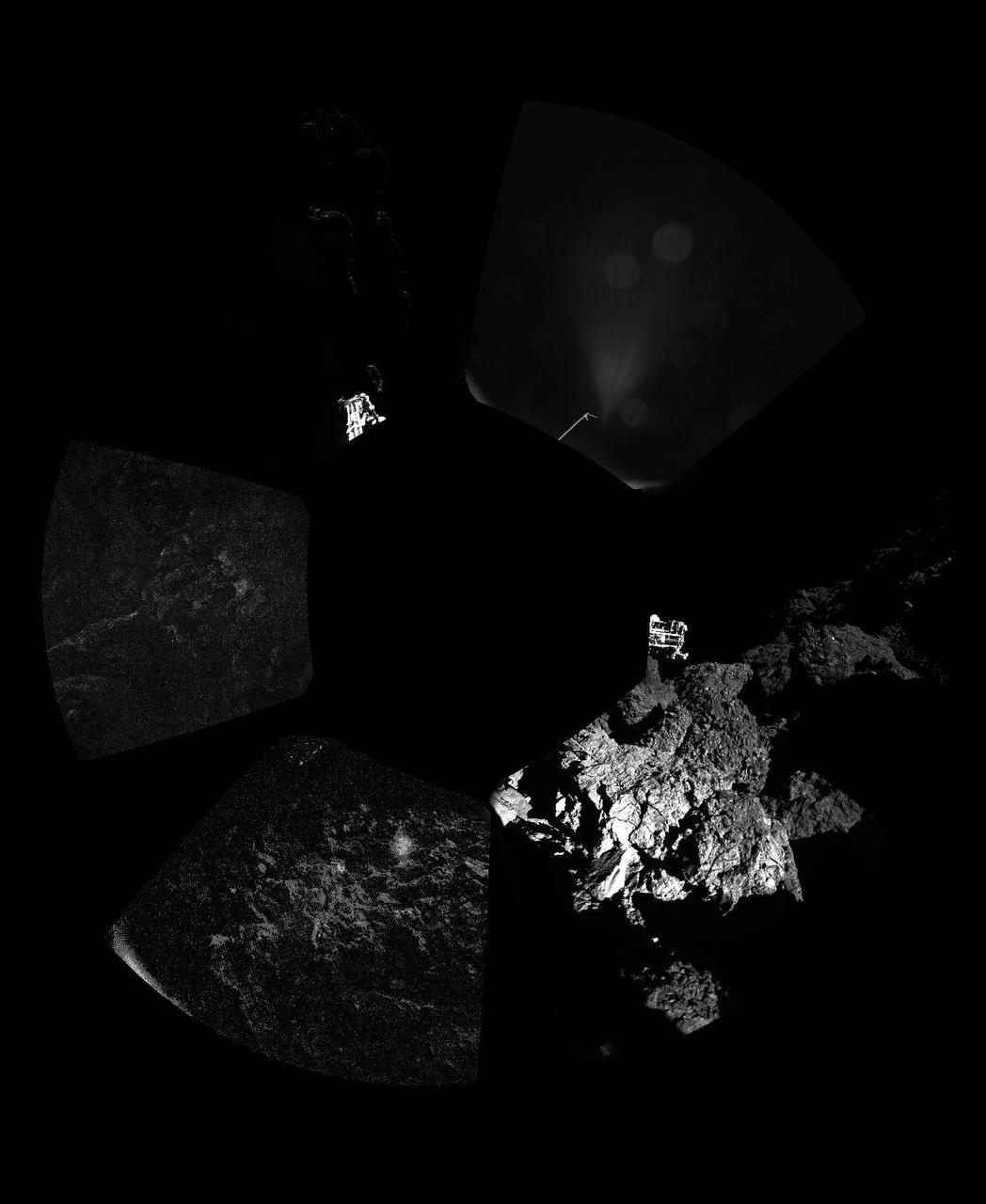 The Philae lander of Europe Rosetta mission has returned the first panoramic image from the surface of a comet. The unprocessed panorama from the lander CIVA-P camera shows a 360-degree view around the point of final touchdown.