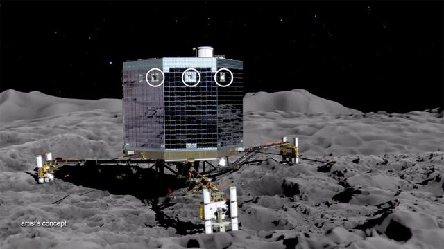 This artist concept of the Rosetta mission Philae lander on the surface of comet 67P/Churyumov-Gerasimenko, is from an animation showing the upcoming deployment of Philae and its subsequent science operations on the surface of the comet.  http://photojournal.jpl.nasa.gov/catalog/PIA18891