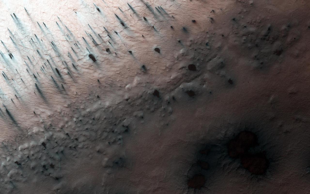 A significant event has occurred in Inca City. The layer of seasonal ice has started to develop long cracks as evidenced by NASA Mars Reconnaissance Orbiter.  Fans of dust are emerging from long linear cracks. The cracks form when large plates of ice have no easily ruptured weak spots to release the pressure from gas building up underneath, so the ice simply cracks.  There are also more fans on the ridge at the top of the image, and more have appeared in between the araneiforms. We do not have any analogous processes occurring naturally on Earth: this is truly Martian.   http://photojournal.jpl.nasa.gov/catalog/PIA18896