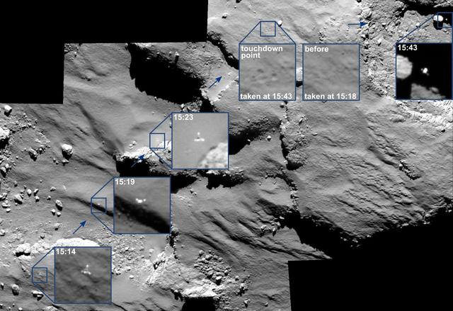 NASA image: Rosetta Lander Captured Before/After Bounce