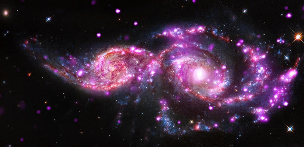 This composite image of NGC 2207 and IC 2163 contains Chandra data in pink, optical-light data from NASA Hubble Space Telescope in red, green, and blue appearing as blue, white, orange, and brown, and infrared data from Spitzer Space Telescope in red.