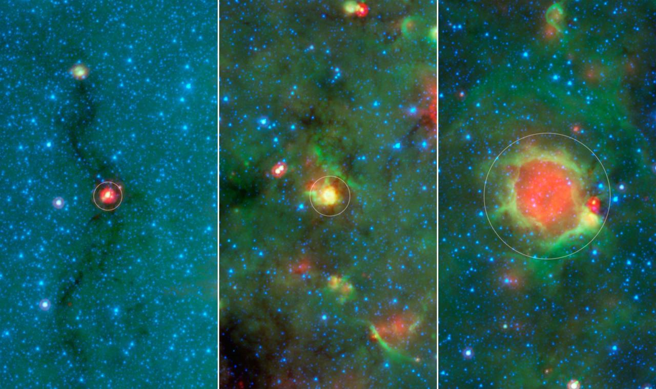 This series of images show three evolutionary phases of massive star formation, as pictured in infrared images from NASA Spitzer Space Telescope.