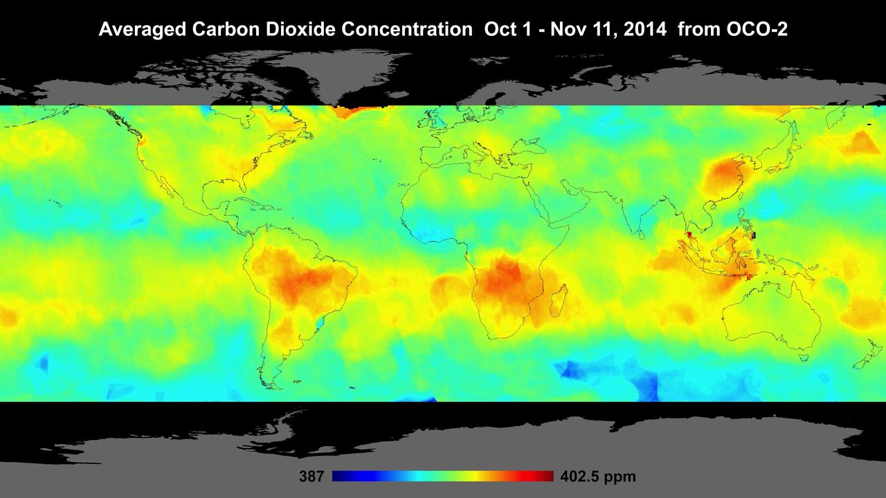 Global atmospheric carbon dioxide concentrations from Oct. 1 through Nov. 11, as recorded by NASA Orbiting Carbon Observatory-2.