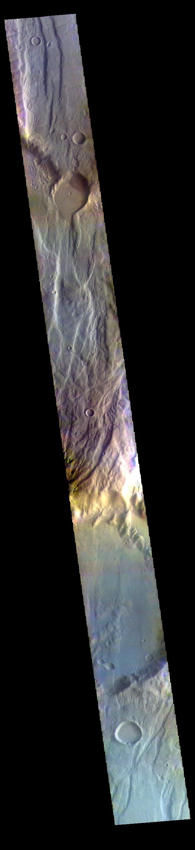 This false color image captured by NASA 2001 Mars Odyssey spacecraft shows part of Claritas Fossae.
