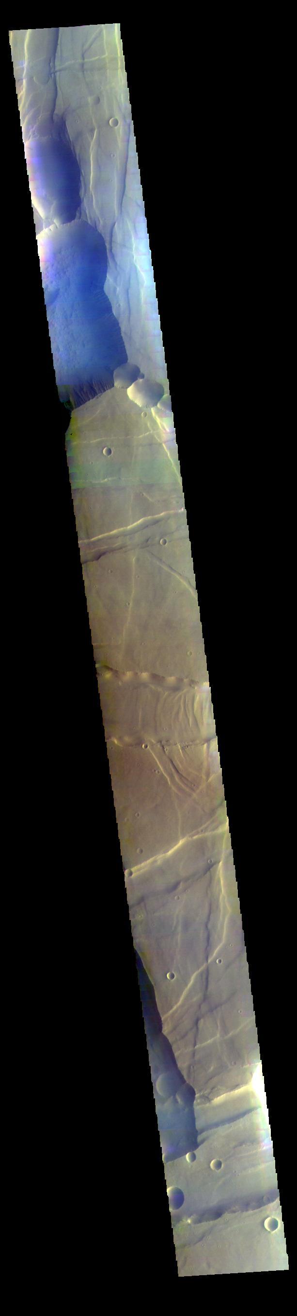 This false color image from NASA 2001 Mars Odyssey spacecraft covers part of Noctis Labyrinthus. The bluish tone in the lower elevation depressions may indicate atmospheric haze.