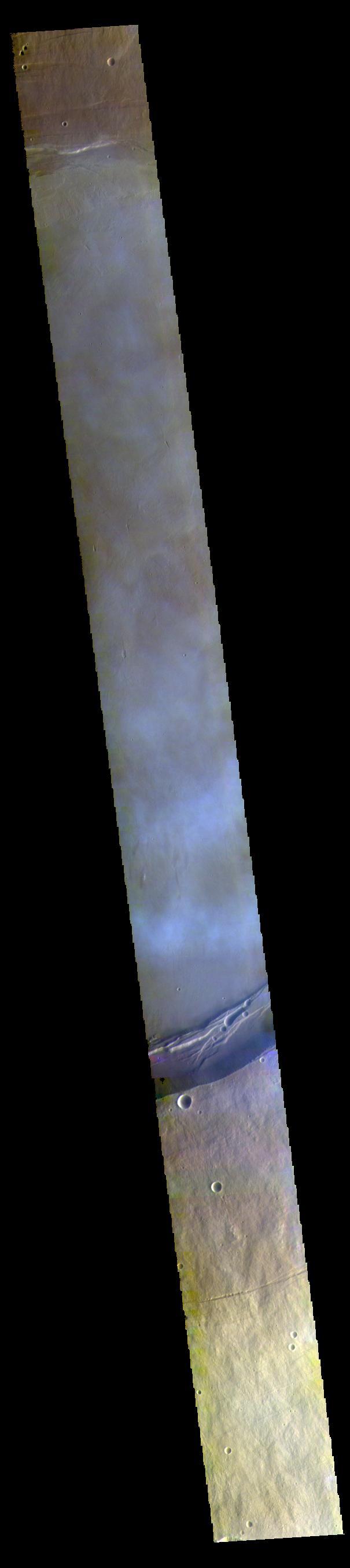 This false color image captured by NASA 2001 Mars Odyssey spacecraft shows part of the summit caldera of Arsia Mons. The mottled bluish tones are from clouds.