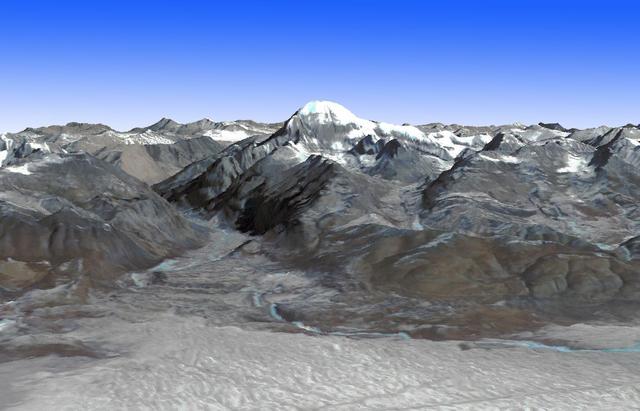 This image from NASA Terra spacecraft shows Mt. Kailash, a peak in the Kailas Range in Tibet. It lies near the source of some of the longest Asian rivers: the Brahmaputra, the Sutlej and the Karnali.
