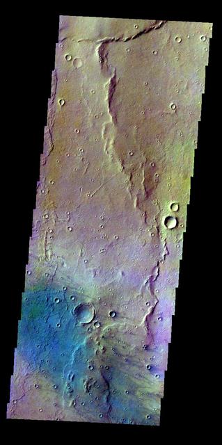 The THEMIS VIS camera contains 5 filters. The data from different filters can be combined in multiple ways to create a false color image. This false color image from NASA 2001 Mars Odyssey spacecraft shows windstreaks on the floor of Gusev Crater.