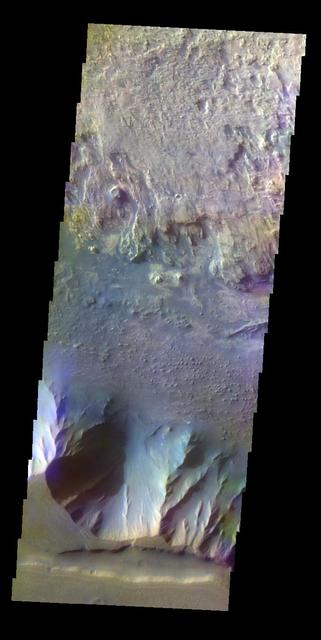 This false color image captured by NASA 2001 Mars Odyssey spacecraft shows part of the complex region at the west end of Candor Chasma.