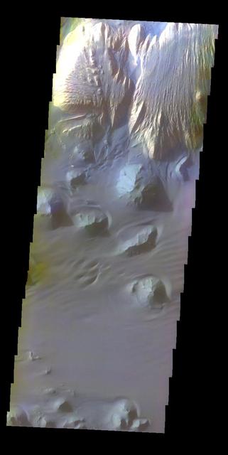 This false color image from NASA 2001 Mars Odyssey spacecraft shows part of the interior of Ganges Chasma.