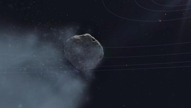 This frame from an animated artist rendering begins with NASA Mars Reconnaissance Orbiter spacecraft above Mars. The movie then transitions to a sequence of HiRISE images of the comet taken as it flew past Mars.