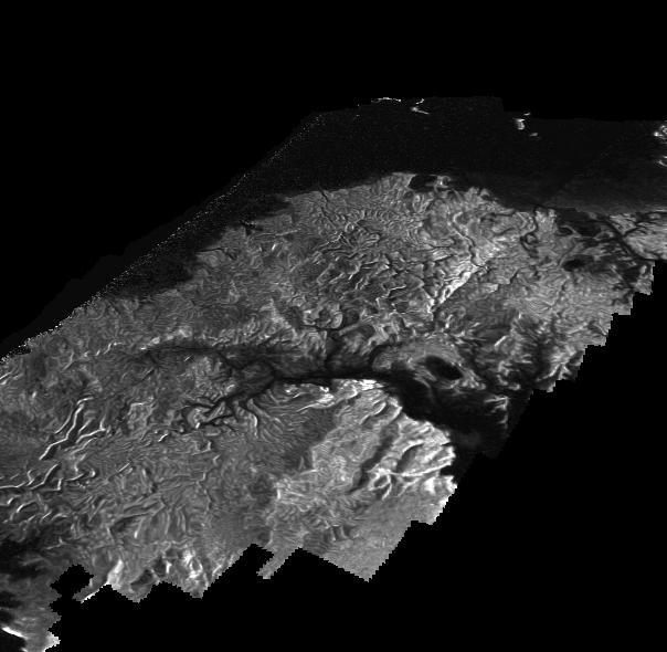 This Cassini Synthetic Aperture Radar (SAR) image is presented as a perspective view and shows a landscape near the eastern shoreline of Kraken Mare, a hydrocarbon sea in Titan's north polar region. This image was processed using a technique for handling noise that results in clearer views that can be easier for researchers to interpret. The technique, called despeckling, also is useful for producing altimetry data and 3-D views called digital elevation maps.  Scientists have used a technique called radargrammetry to determine the altitude of surface features in this view at a resolution of approximately half a mile, or 1 kilometer. The altimetry reveals that the area is smooth overall, with a maximum amplitude of 0.75 mile (1.2 kilometers) in height. The topography also shows that all observed channels flow downhill.  The presence of what scientists call "knickpoints" -- locations on a river where a sharp change in slope occurs -- might indicate stratification in the bedrock, erosion mechanisms at work or a particular way the surface responds to runoff events, such as floods following large storms. One such knickpoint is visible just above the lower left corner, where an area of bright slopes is seen.  The image was obtained during a flyby of Titan on April 10, 2007. A more traditional radar image of this area on Titan is seen in PIA19046.  http://photojournal.jpl.nasa.gov/catalog/PIA19051