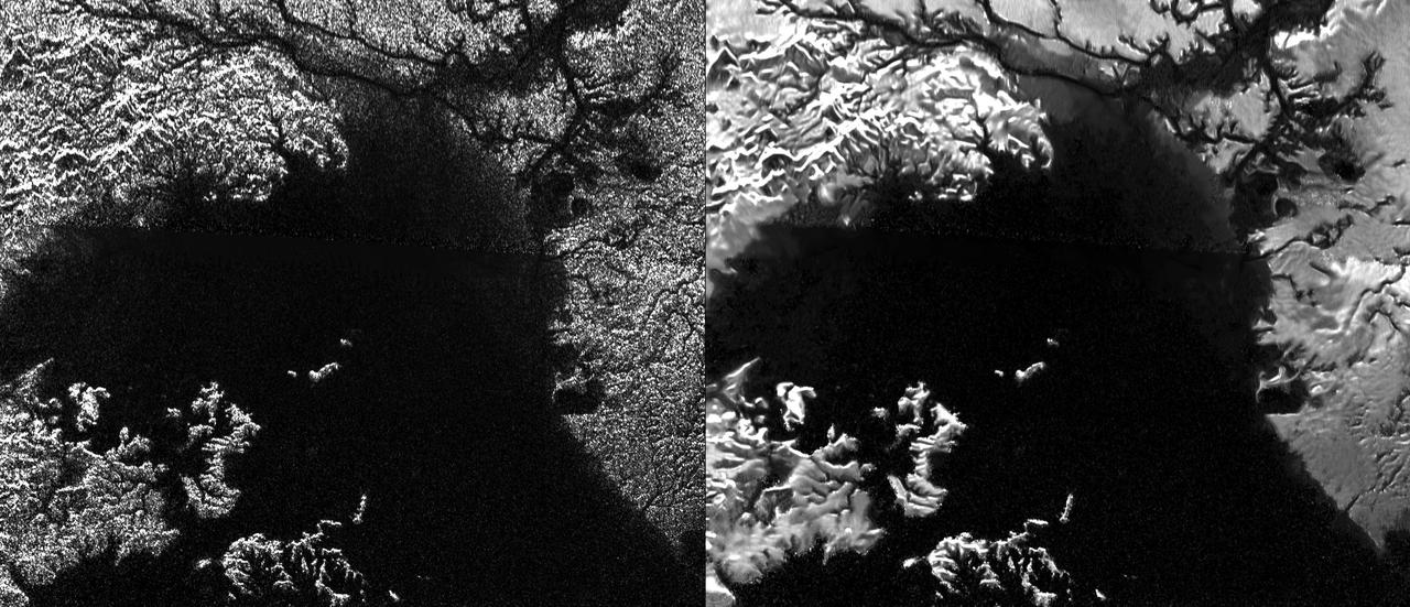 Presented here are side-by-side comparisons of a traditional Cassini Synthetic Aperture Radar (SAR) view and one made using a new technique for handling electronic noise that results in clearer views of Titan's surface. The technique, called despeckling, produces images that can be easier for researchers to interpret.  The view is a mosaic of SAR swaths over Ligeia Mare, one of the large hydrocarbons seas on Titan. In particular, despeckling improves the visibility of channels flowing down to the sea.  http://photojournal.jpl.nasa.gov/catalog/PIA19052