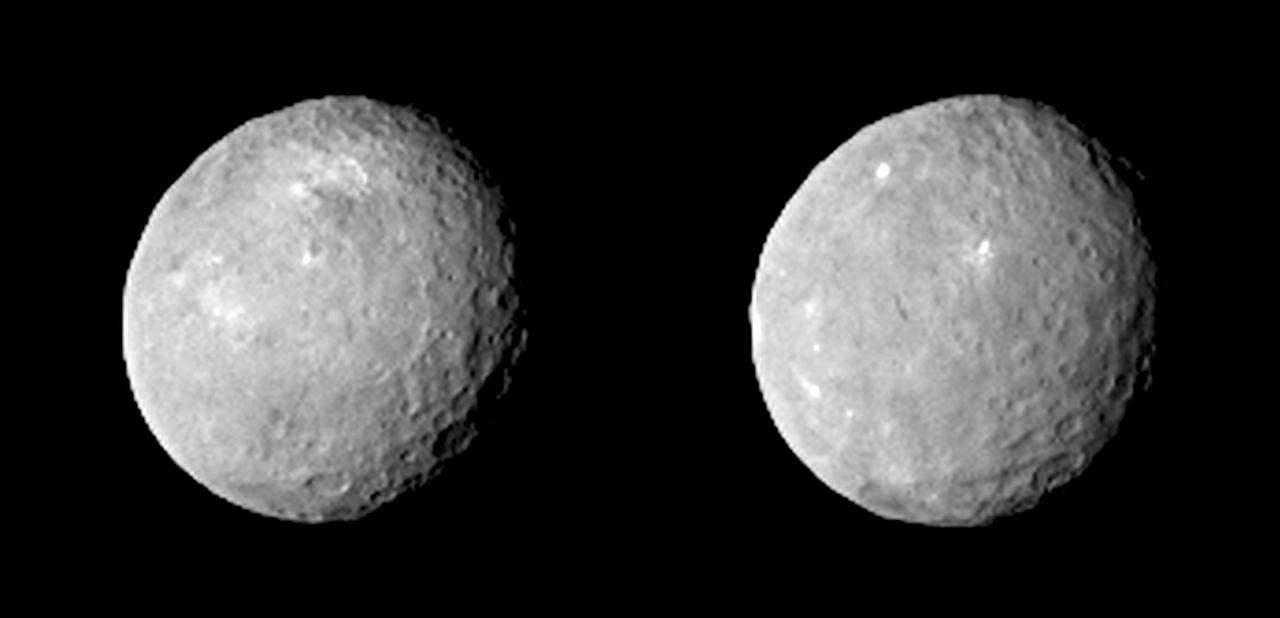 These two views of Ceres were acquired by NASA Dawn spacecraft on Feb. 12, 2015, from a distance of about 52,000 miles 83,000 kilometers as the dwarf planet rotated. The images have been magnified from their original size. http://photojournal.jpl.nasa.gov/catalog/PIA19056