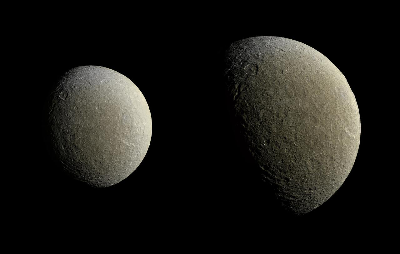 After a couple of years in high-inclination orbits that limited its ability to encounter Saturn's moons, NASA's Cassini spacecraft returned to Saturn's equatorial plane in March 2015.  As a prelude to its return to the realm of the icy satellites, the spacecraft had its first relatively close flyby of an icy moon (apart from Titan) in almost two years on Feb. 9. During this encounter Cassini's cameras captured images of the icy moon Rhea, as shown in these in two image mosaics. The views were taken about an hour and a half apart as Cassini drew closer to Rhea.  Images taken using clear, green, infrared and ultraviolet spectral filters were combined to create these enhanced color views, which offer an expanded range of the colors visible to human eyes in order to highlight subtle color differences across Rhea's surface. The moon's surface is fairly uniform in natural color.  The image at right represents one of the highest resolution color views of Rhea released to date. A larger, monochrome mosaic is available in PIA07763.  Both views are orthographic projections facing toward terrain on the trailing hemisphere of Rhea. An orthographic view is most like the view seen by a distant observer looking through a telescope. The views have been rotated so that north on Rhea is up.  The smaller view at left is centered at 21 degrees north latitude, 229 degrees west longitude. Resolution in this mosaic is 450 meters (1,476 feet) per pixel. The images were acquired at a distance that ranged from about 51,200 to 46,600 miles (82,100 to 74,600 kilometers) from Rhea.  The larger view at right is centered at 9 degrees north latitude, 254 degrees west longitude. Resolution in this mosaic is 300 meters (984 feet) per pixel. The images were acquired at a distance that ranged from about 36,000 to 32,100 miles (57,900 to 51,700 kilometers) from Rhea.  The mosaics each consist of multiple narrow-angle camera (NAC) images with data from the wide-angle camera used to fill in areas where NAC data was not available.  The image was produced by Heike Rosenberg and Tilmann Denk at Freie Universität in Berlin, Germany.  http://photojournal.jpl.nasa.gov/catalog/PIA19057