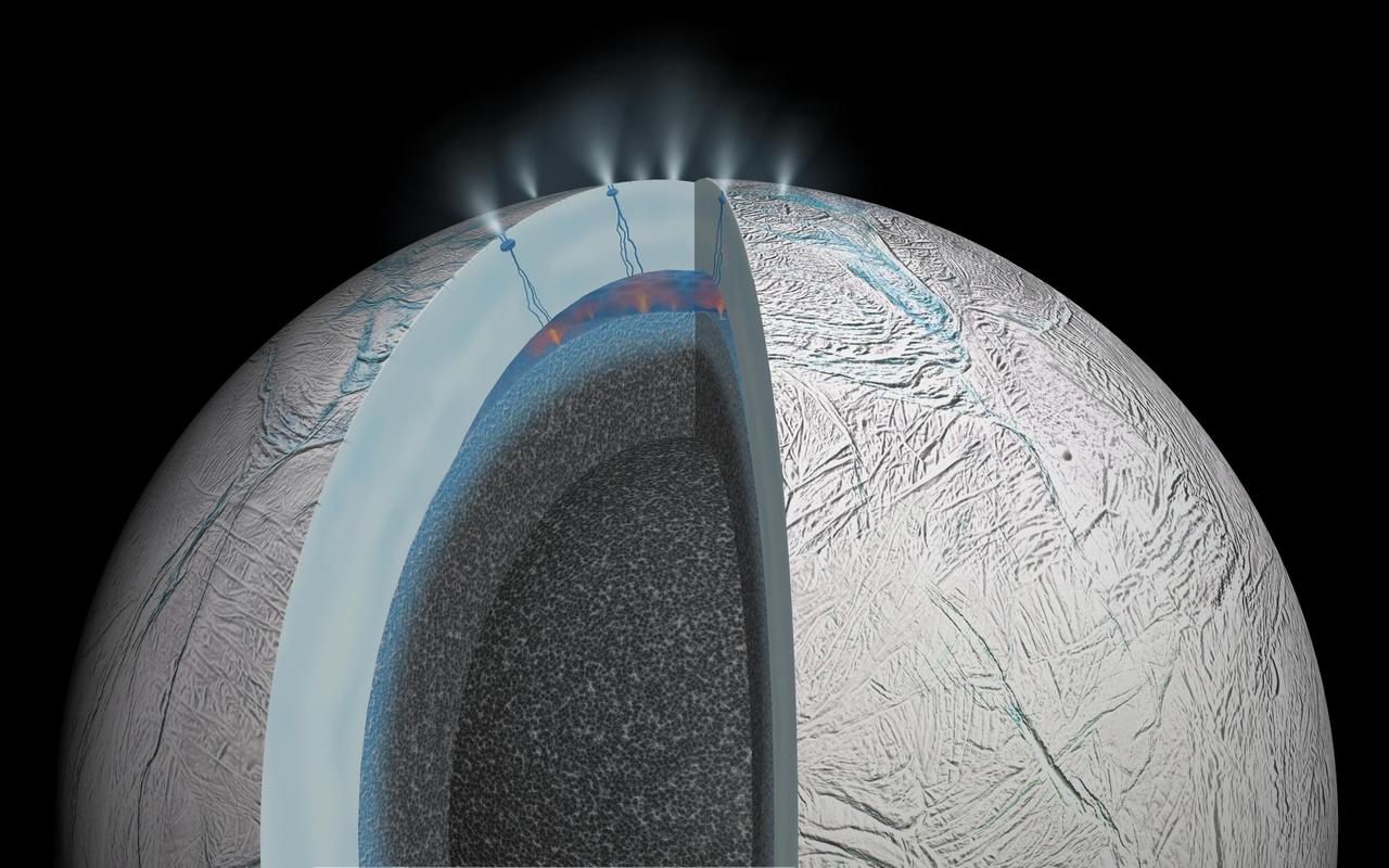 This cutaway view of Saturn moon Enceladus is an artist rendering that depicts possible hydrothermal activity that may be taking place on and under the seafloor of the moon subsurface ocean, based on published results from NASA Cassini mission.