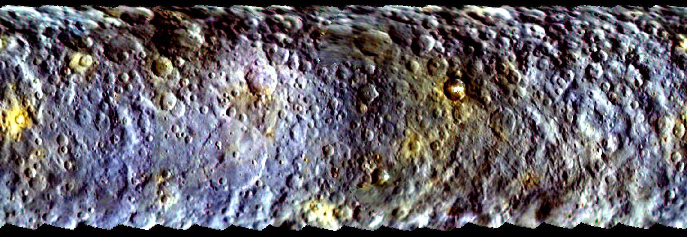 This map-projected view of Ceres was created from images taken by NASA Dawn spacecraft during its initial approach to the dwarf planet, prior to being captured into orbit in March 2015.