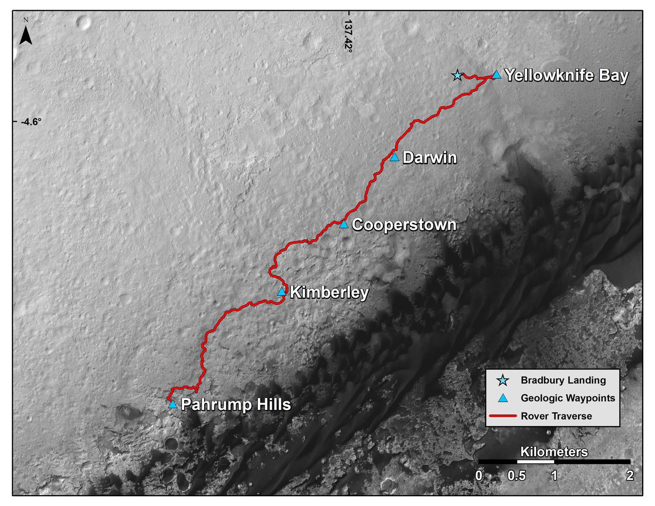 This map shows the route driven by NASA Curiosity Mars rover from the location where it landed in August 2012 to the Pahrump Hills outcrop at the base of Mount Sharp.