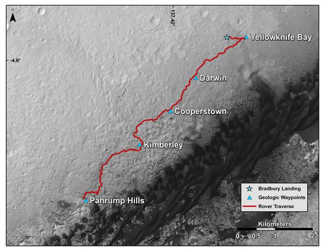 NASA image: Curiosity Mars Rover Route from Landing to Base of Mount Sharp