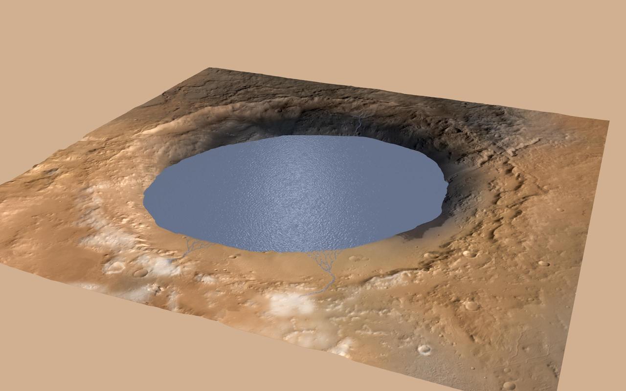 This simulation depicts a lake partially filling Mars Gale Crater, receiving runoff from snow melting on the crater rim, showing evidence that NASA Curiosity rover has found ancient streams, deltas and lakes.
