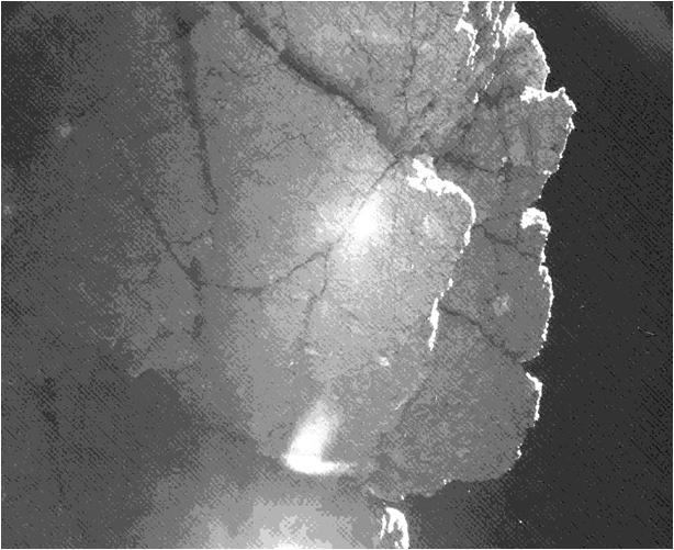 From the location where it came to rest after bounces, the Philae lander of the European Space Agency Rosetta mission captured this view of a cliff on the nucleus of comet 67P/Churyumov-Gerasimenko. The feature is called Perihelion Cliff.
