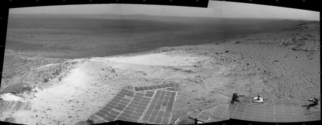 NASA Mars Exploration Rover Opportunity recorded this view of the summit of Cape Tribulation, on the western rim of Endeavour Crater on the day before the rover drove to the top.