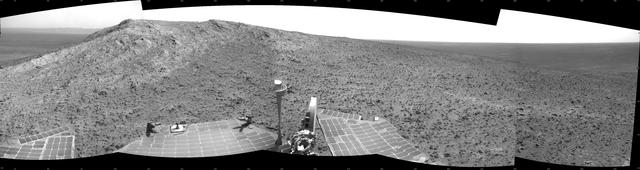 NASA Mars Exploration Rover Opportunity recorded this view of the summit of Cape Tribulation, on the western rim of Endeavour Crater on the day before the rover drove to the top.