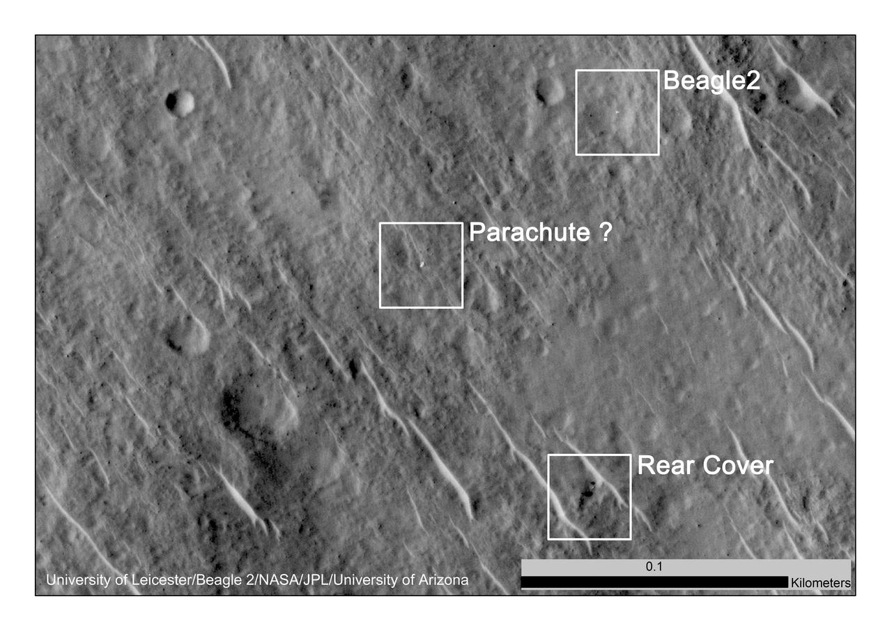 This annotated image, taken in 2014, shows where features seen in an observation by NASA Mars Reconnaissance Orbiter have been interpreted as hardware from the Dec. 25, 2003, arrival at Mars of the United Kingdom Beagle 2 Lander.
