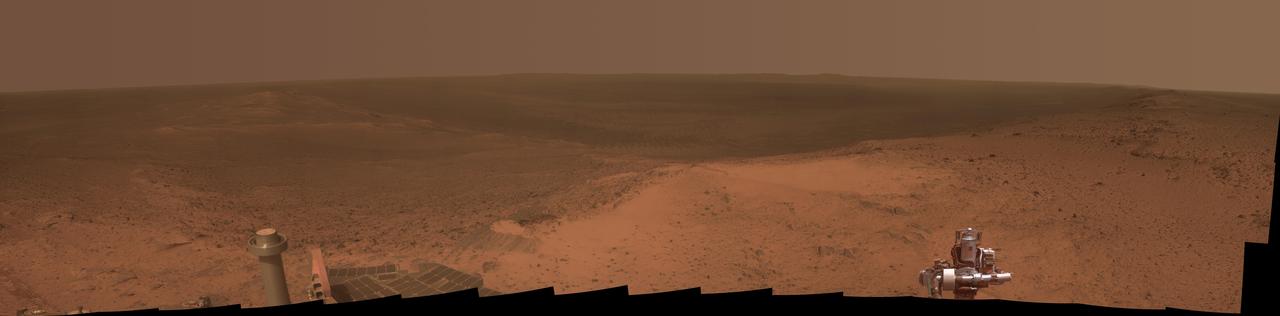 This panorama is the view NASA Mars Exploration Rover Opportunity gained from the top of the Cape Tribulation segment of the rim of Endeavour Crater.