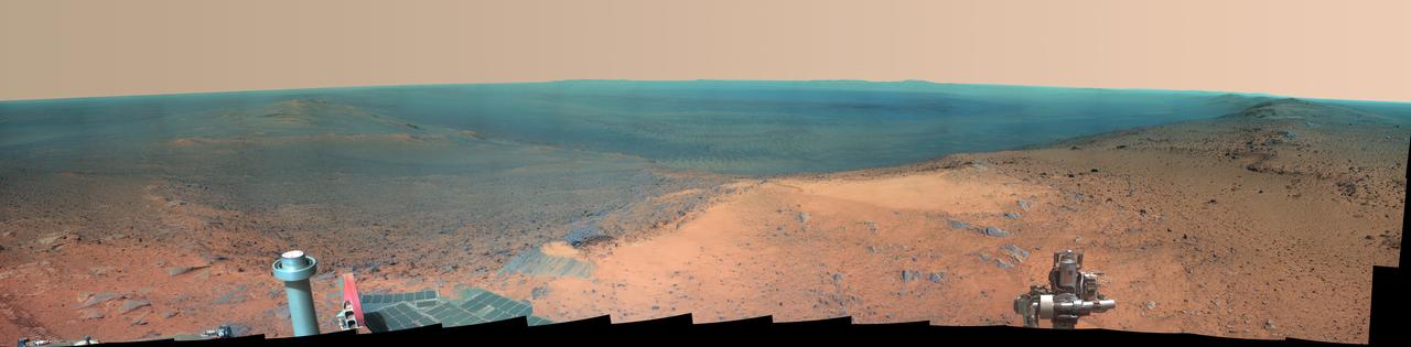 NASA Mars Exploration Rover Opportunity obtained this view from the top of the Cape Tribulation segment of the rim of Endeavour Crater. The rover reached this point three weeks before the 11th anniversary of its January 2004 landing on Mars.