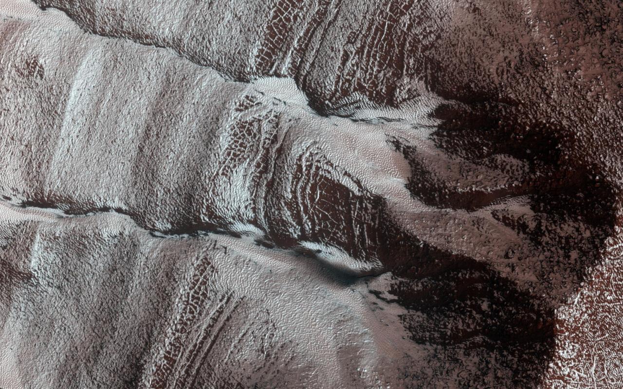 The frosted gullies in this observation from NASA Mars Reconnaissance Orbiter are located along an irregularly shaped pit which lies within an impact crater in Sisyphi Planum ocated northwards of the Southern polar layered deposits.
