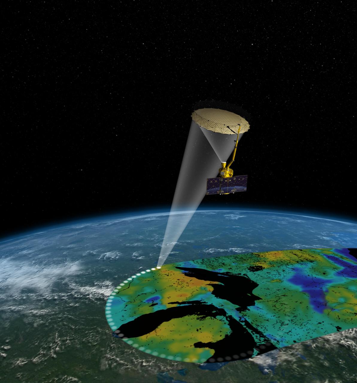 Artist rendering of the Soil Moisture Active Passive SMAP satellite. The width of the region scanned on Earth surface during each orbit is about 620 miles 1,000 kilometers.