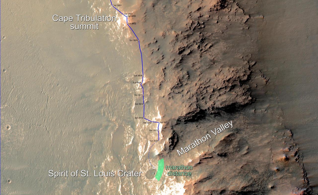 In February 2015, NASA Mars Exploration Rover Opportunity is approaching a cumulative driving distance on Mars equal to the length of a marathon race. This map shows the rover position relative to where it could surpass that distance.