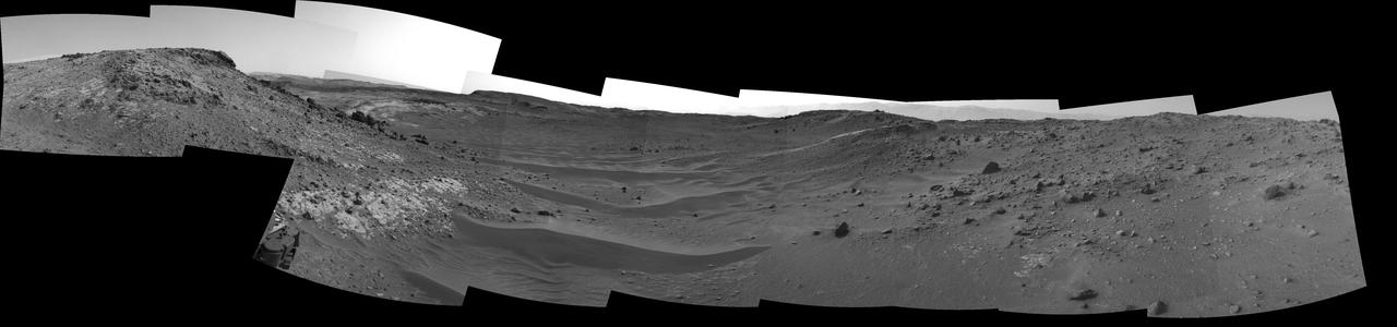 This view from the Navigation Camera (Navcam) on NASA's Curiosity Mars rover shows the terrain ahead of the rover as it makes its way westward through a valley called "Artist's Drive."  The Navcam recorded the component images of this mosaic on April 10, 2015, during the 951st Martian Day, or sol, of Curiosity's work on Mars. The valley is on the rover's route toward a higher site on Mount Sharp than the "Pahrump Hills" area the mission investigated at the base of the layered mountain.  http://photojournal.jpl.nasa.gov/catalog/PIA19163